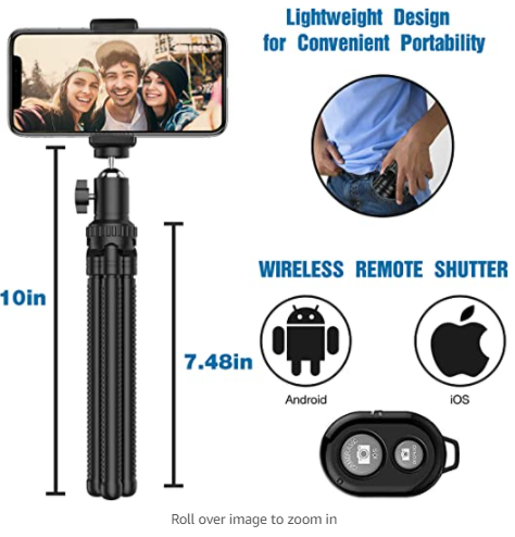 Portable and Flexible Mini-Tripod Stand with Wireless Remote, Adapter Pegs, and Carrying Bag.