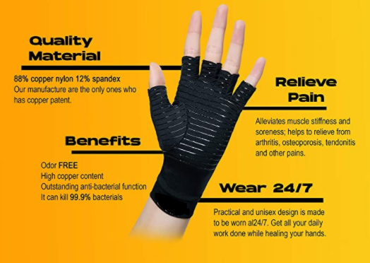 Half Finger Copper Infused Compression Gloves - for Rheumatoid Arthritis, Carpal Tunnel, RSI, Osteoarthritis & Tendonitis