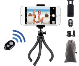 Portable and Flexible Mini-Tripod Stand with Wireless Remote, Adapter Pegs, and Carrying Bag.